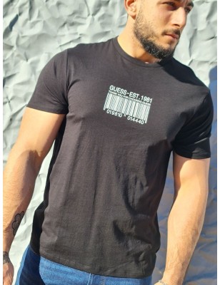 Tee-shirt manches courtes Guess Eliott noir avec dessin code barre et col rond