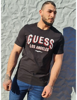 Tee-shirt manches courtes Guess Los Angeles noir avec col rond avec inscription effet 3D