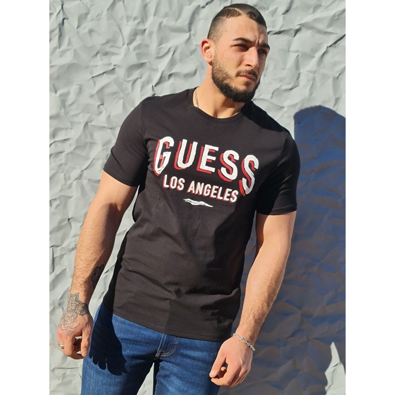 Tee-shirt manches courtes Guess Los Angeles noir avec col rond avec inscription effet 3D