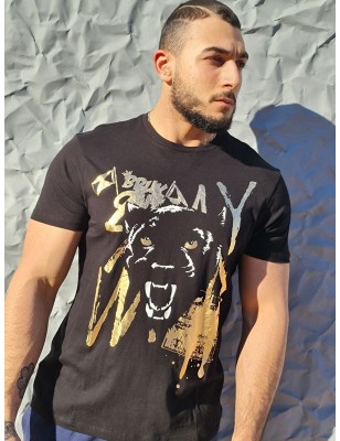 Tee-shirt manches courtes Guess Panti noir avec tête de panthère et inscriptions dorées