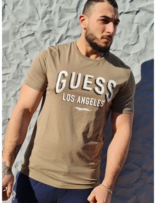 Tee-shirt manches courtes Guess Los Angeles kaki avec col rond et inscription effet 3D