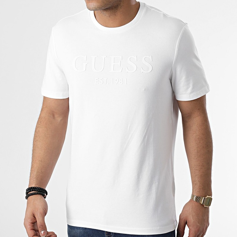 Tee-shirt manches courtes Guess Topo blanc avec col rond