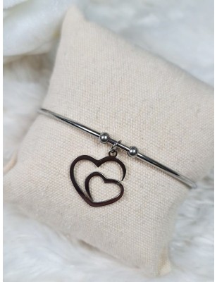 Bracelet jonc avec double cœur en acier inoxydable
