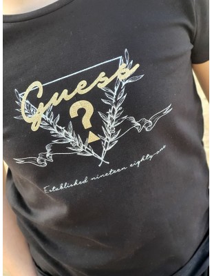 Tee-shirt manches courtes Guess Stecy noir avec inscription dorée pailletée