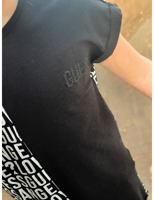 Tee-shirt manches courtes Guess Loza noir avec inscriptions et col rond