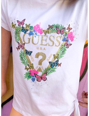 Tee-shirt manches courtes Guess Flya blanc avec fleurs, papillons et feuilles