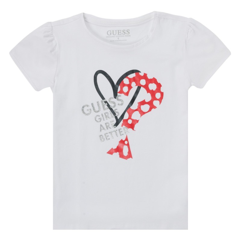 Tee-shirt manches courtes Guess Kety blanc avec inscription pailletée et cœur