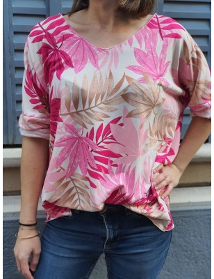 Tee-shirt manches longues Lana rose avec motif feuillage