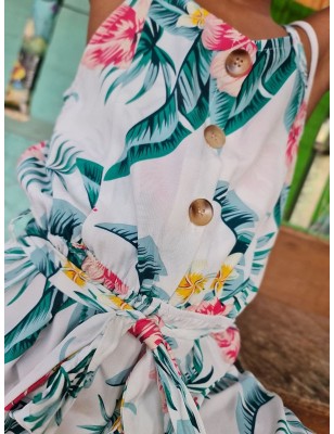 Combi-pantalon fluide Cheryl blanche avec bretelles et motif feuillage et fleurs