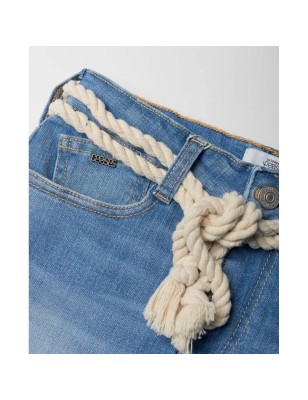 Short en jean stretch Le Temps des Cerises Tiki bleu effet délavé, avec ceinture en corde