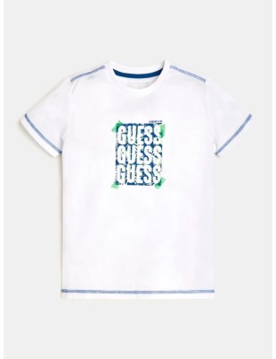 Tee-shirt manches courtes Guess Tito blanc avec coutures bleues