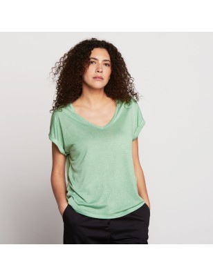 Tee-shirt manches courtes LPB Derna vert avec col V et fils métallisés