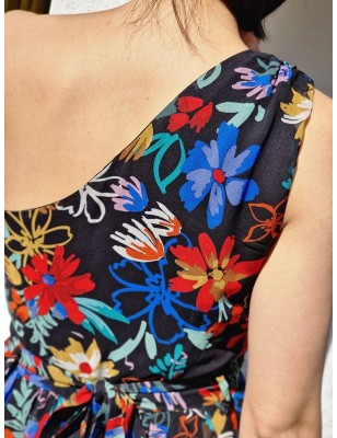 Robe courte asymétrique fleurie Molly Bracken Naelia multicolore avec une bretelle