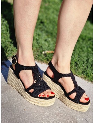Sandales compensées Lorela noires avec bride en corde
