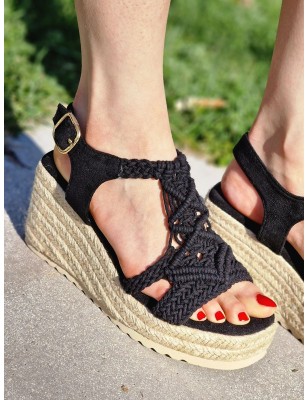Sandales compensées Lorela noires avec bride en corde