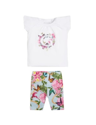 Ensemble Guess Anabela blanc et multicolore avec tee-shirt et legging motifs fleurs et papillons