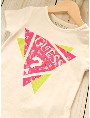 Tee-shirt manches courtes Guess Roma blanc avec logo rose fluo et petites fleurs