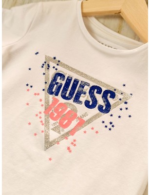 Tee-shirt manches courtes Guess Stana blanc avec logo pailleté et étoiles