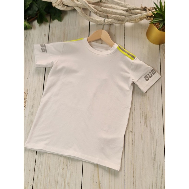 Tee-shirt manches courtes Guess Axelo blanc avec bandes fluos et phosphorescentes