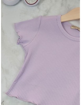 Tee-shirt côtelé manches courtes Lolita violet avec col rond