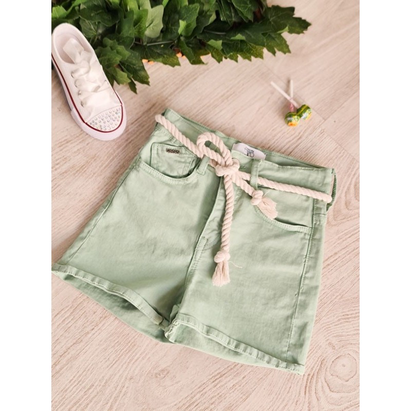 Short en jean stretch Le Temps des Cerises Tiko vert, avec ceinture en corde