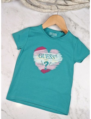 Tee-shirt manches courtes Guess Oxa turquoise avec cœur