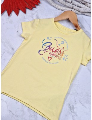 Tee-shirt manches courtes Guess Alina jaune avec inscription multicolore et effet pailleté
