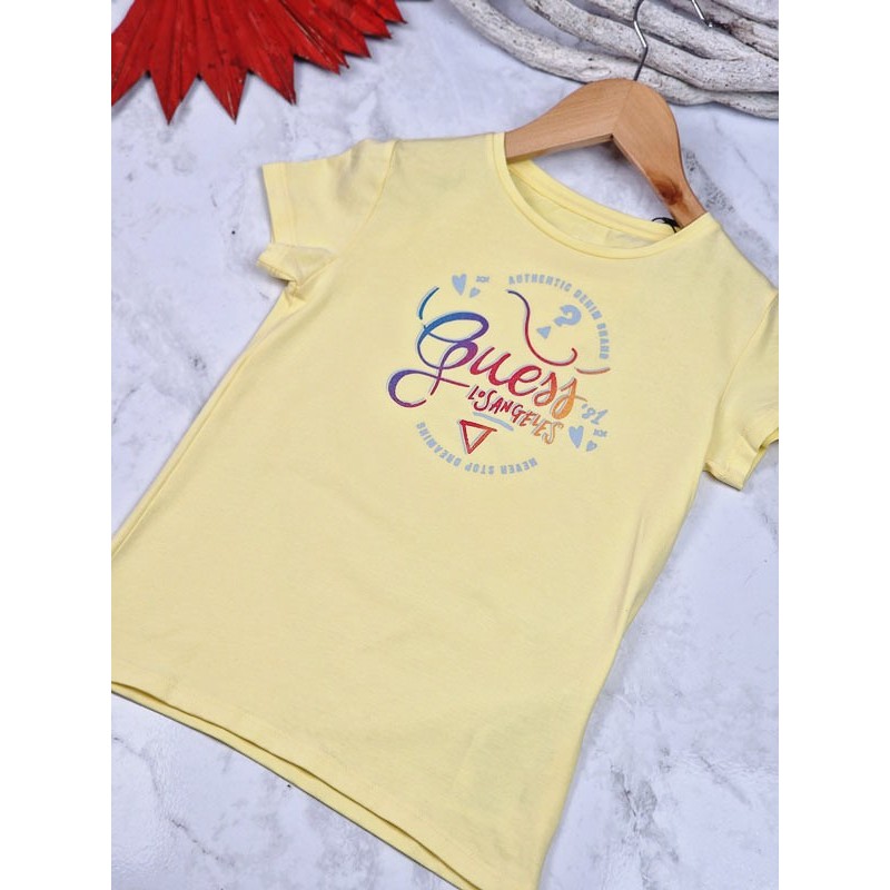 Tee-shirt manches courtes Guess Alina jaune avec inscription multicolore et effet pailleté