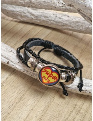 Bracelet "Super papa" noir avec plaque jaune