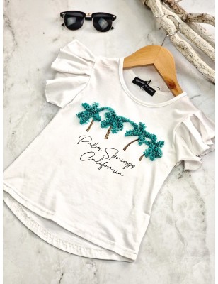 Tee-shirt Palma blanc avec palmiers en relief et manches courtes avec volants