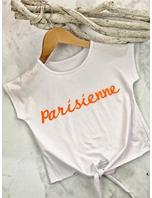 Tee-shirt manches courtes Parisienne blanc avec inscription et nœud