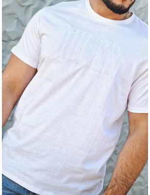 Tee-shirt manches courtes Guess Batiste blanc avec inscription en velours