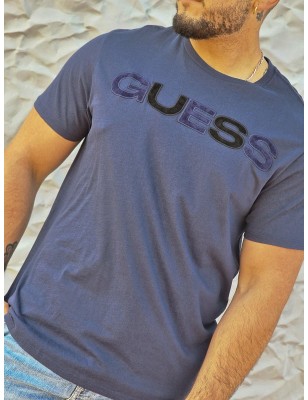 Tee-shirt manches courtes Guess Bastien bleu marine avec inscription en velours