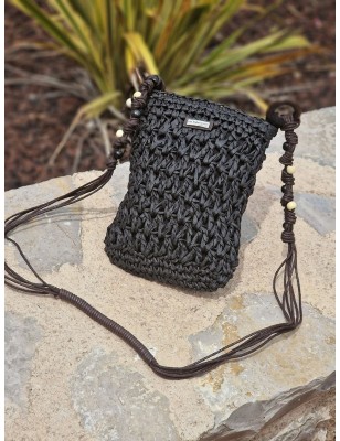 Petit sac bandoulière en paille Les Tropéziennes Kiribati noir avec perles