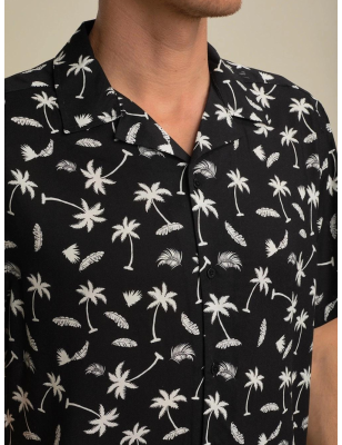 Chemise manches courtes Benson and Cherry Lidiane noire et blanche avec imprimé feuille et palmier