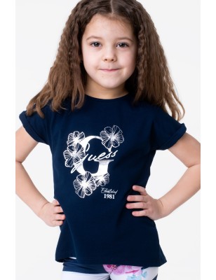 Tee-shirt manches courtes Guess Alyx bleu marine avec fleurs argentées