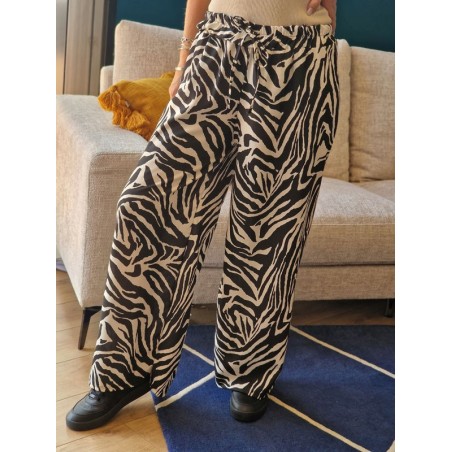 Pantalon large et fluide Euphory avec motif zébré noir et beige