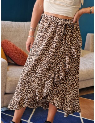 Jupe longue et fluide Mona beige et noire avec motif léopard et effet portefeuille
