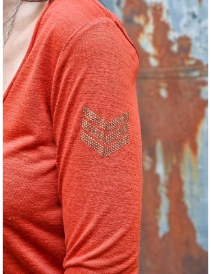 Tee-shirt manches longues LPB Elea terracotta avec col V et étoiles