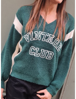 Pull à grosse maille Vintage Club vert avec col V