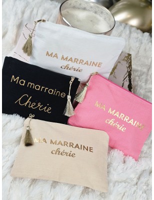 Pochette en gaze de coton "Ma marraine chérie" avec pompon