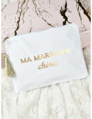 Pochette en gaze de coton "Ma marraine chérie" avec pompon