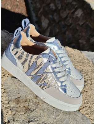 Baskets Vanessa Wu BK2555 Joyce beige et bleu multi-matières avec motif zébré argenté