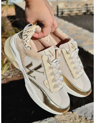 Baskets sneakers Vanessa Wu BK2585 Clemence beige et or multi-matières