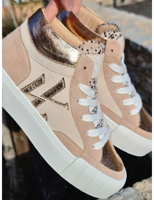 Baskets montantes Vanessa Wu BK2556 Suzie suédine beige et rose gold avec languette léopard