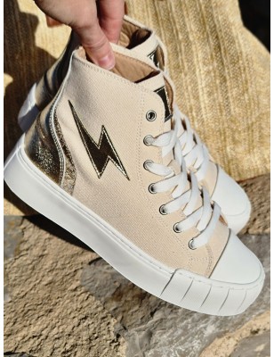 Baskets montantes Vanessa Wu BK2570 Laure en toile beige avec éclair or