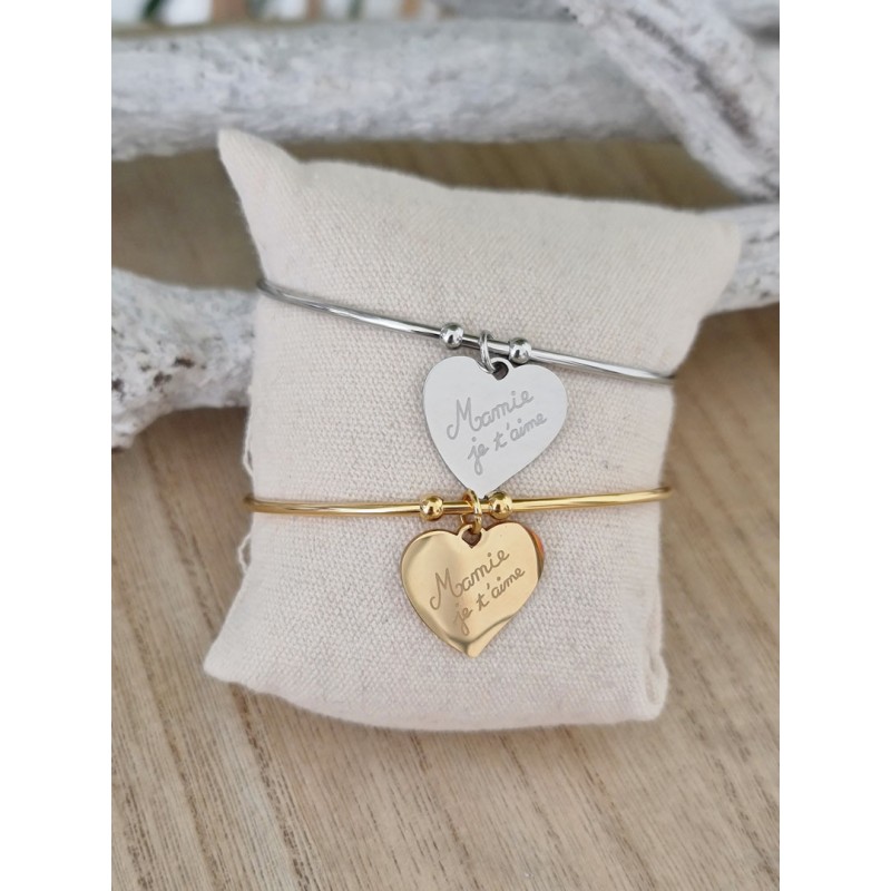 Bracelet jonc coeur pendant "Mamie je t'aime"