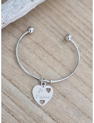 Bracelet jonc coeur pendant "Je t'aime"