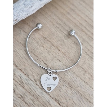 Bracelet jonc coeur pendant "Je t'aime"