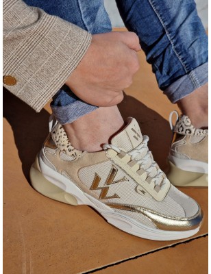 Baskets sneakers Vanessa Wu BK2585 Clemence beige et or multi-matières